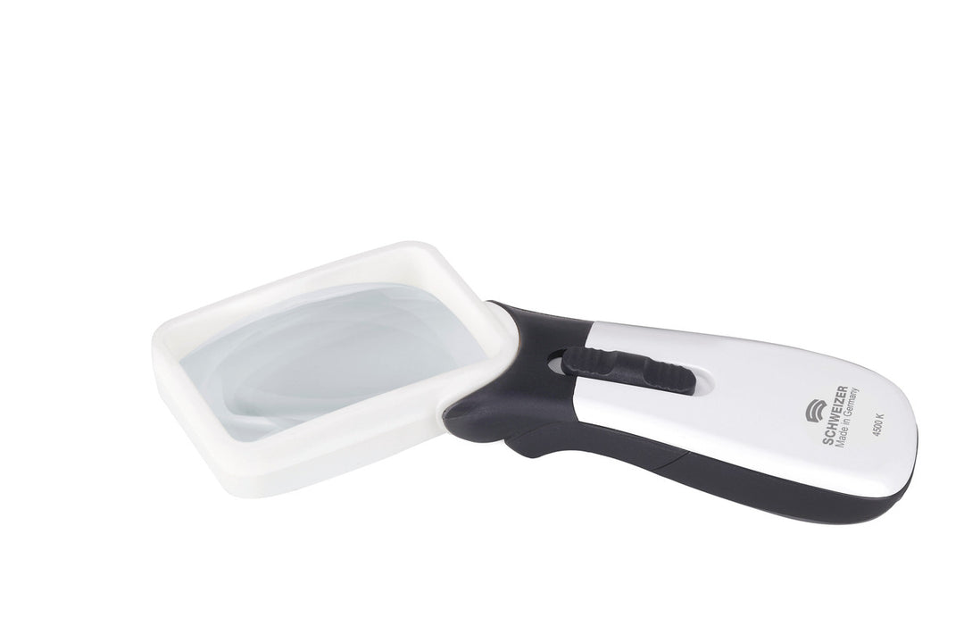 Mobile Leuchtlupe ERGO-Lux MP mobil 10 D 75x50 mm gewinkelt für Rechtshänder von SCHWEIZER Optik; VisiAid - Sehhilfen.