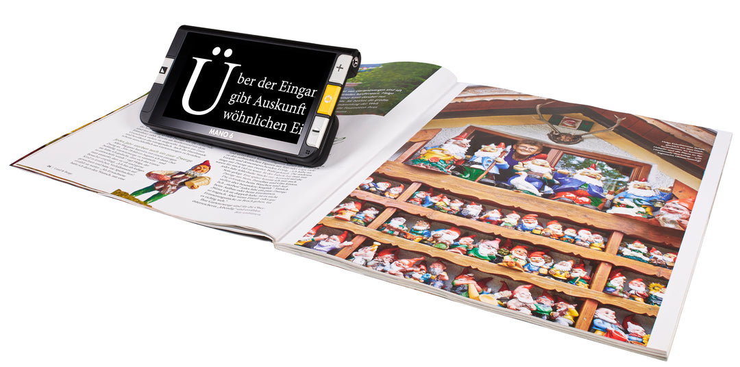 DIe elektronische Lupe Mano 6 von Reinecker eignet sich sehr gut zum Lesen; VisiAid - Sehhilfen.