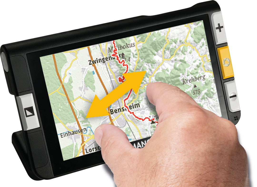 Das Touch-Display der elektronischen Lupe Mano 6 von Reinecker erlaubt das Zoomen mit Fingern; VisiAid - Sehhilfen.