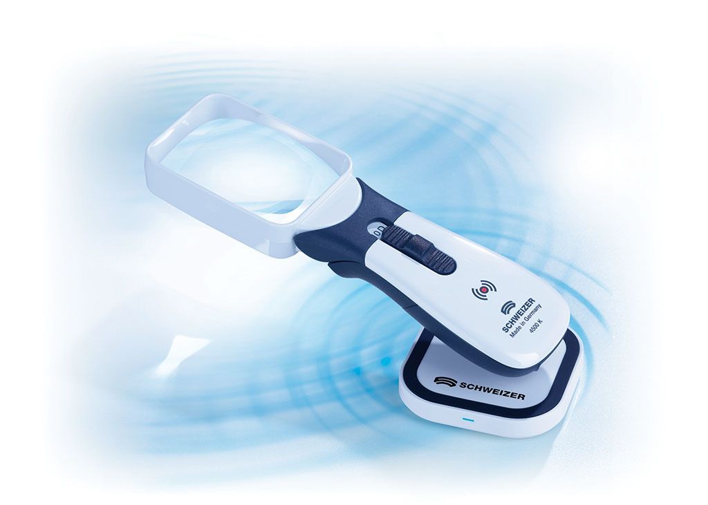 Mobile Leuchtlupe ERGO-Lux i mobil von SCHWEIZER Optik: Induktionsladung; VisiAid - Sehhilfen.