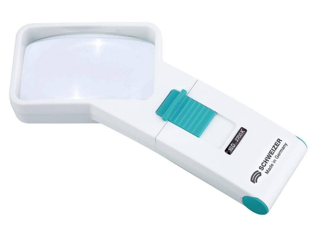 Mobile Leuchtlupe Ökolux plus mobil 10 D 75x50 mm gewinkelt von SCHWEIZER Optik; VisiAid - Sehhilfen.